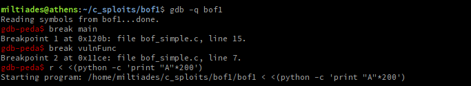 Loading bof1 in gdb