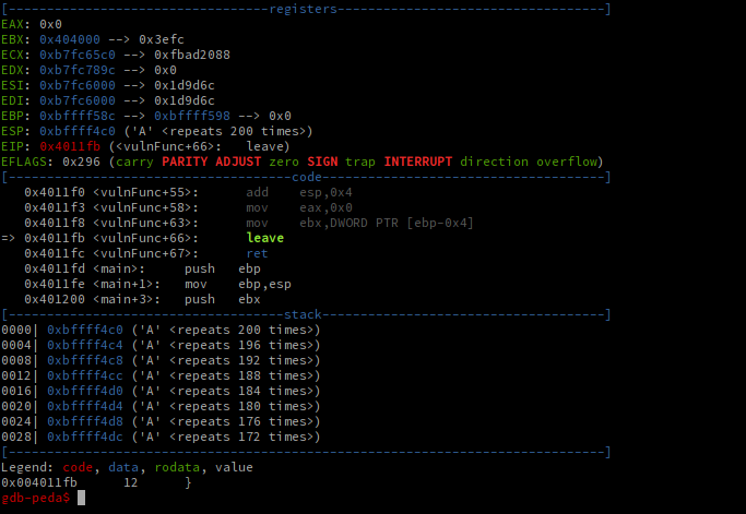 Stepping gdb to vulnFunc