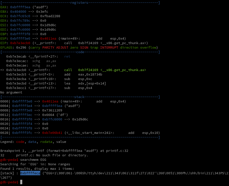 Using peda to find address of EGG